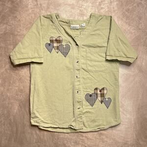 Vintage 90s Sunbelt Embroidered Heart Patchwork Button Up Shirt Khaki Tan Boho